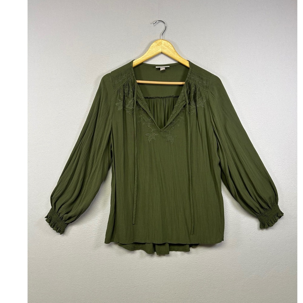 Boho Cottagecore Knox Rose Womens Small Olive Green Embroidered Peasant‎ Blouse